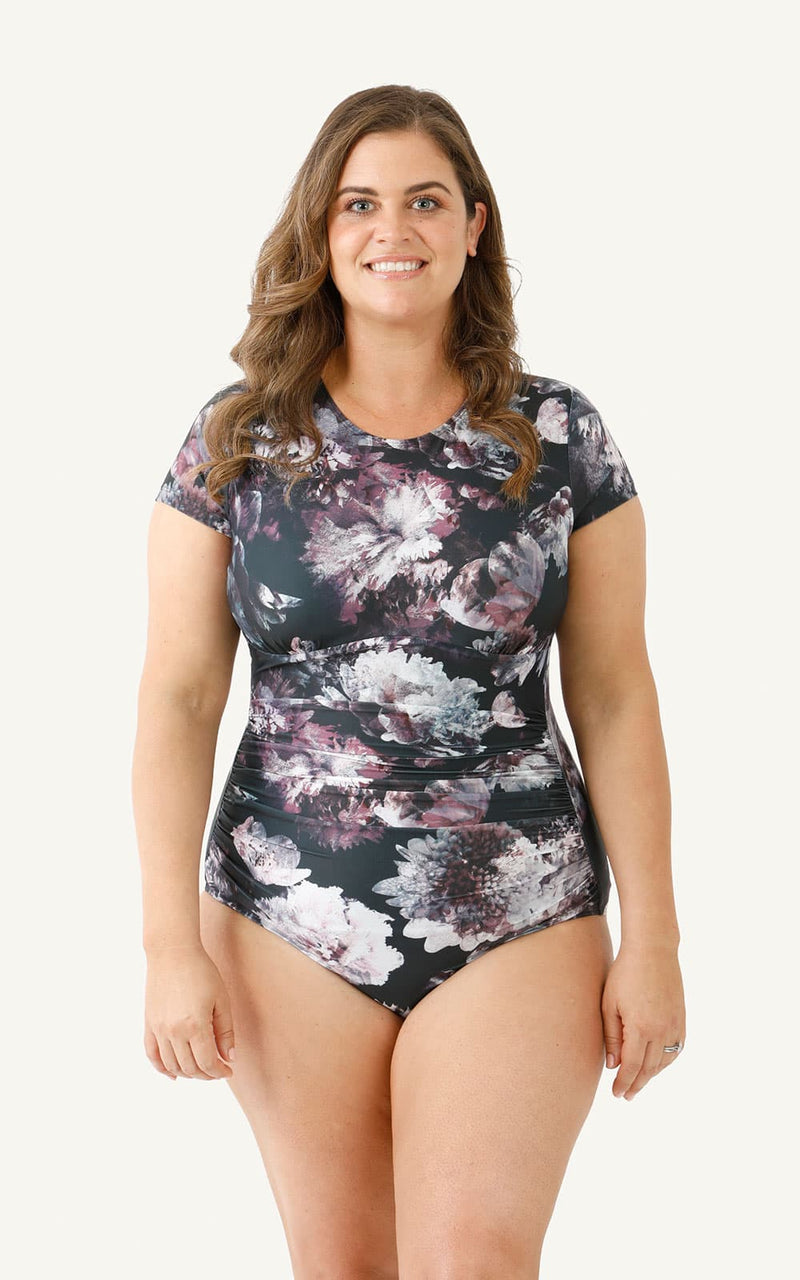 Cap sleeved sunsafe one piece swimsuit black floral print