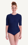 Half Sleeve Navy Sun Protection 1/2 length sleeve One Piece Bra Bust Support Cup Sizes Swimsuit Swimwear Swimming Beachwear Women 