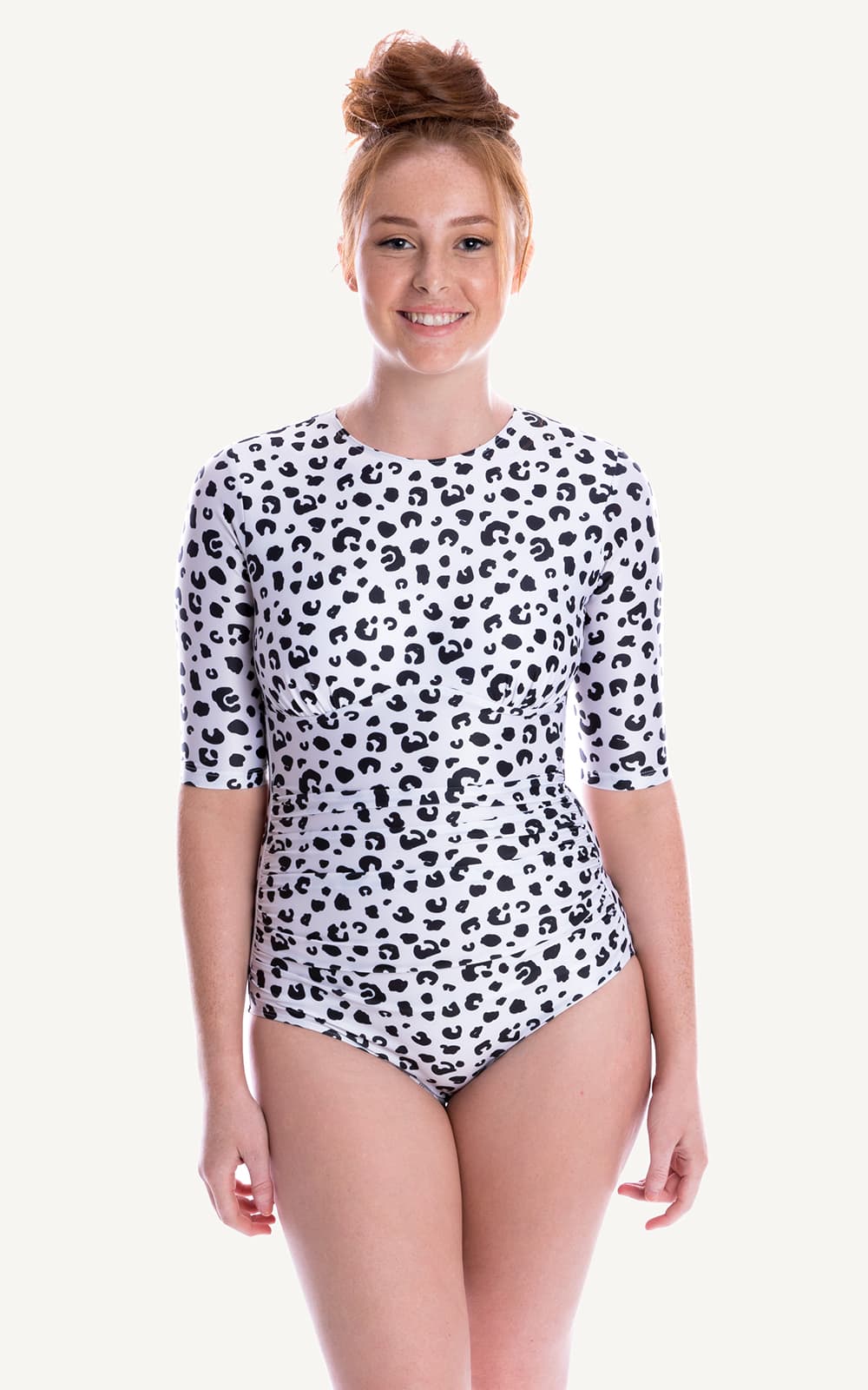 Half Sleeve Leopard Sun Protection 1/2 length sleeve One Piece Bra Bust Support Cup Sizes Swimsuit Swimwear Swimming Beachwear Women 