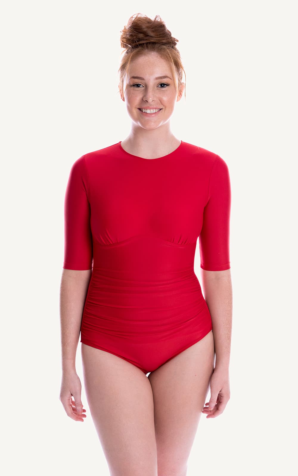 Half Sleeve Red Sun Protection 1/2 length sleeve One Piece Bra Bust Support Cup Sizes Tummy Moulded Swim Swimsuit Swimwear Swimming Beachwear Women