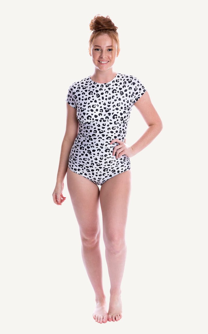 Cap Sleeve Leopard One piece Sun Protection Bra Bust Support Cup Sizes Tummy Moulded Zip Swim Swimsuit Swimwear Swimming Beachwear Women