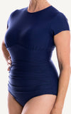 Cap Sleeve Navy One piece Sun Protection Bra Bust Support Cup Sizes Tummy Moulded Zip Swim Swimsuit Swimwear Swimming Beachwear Women