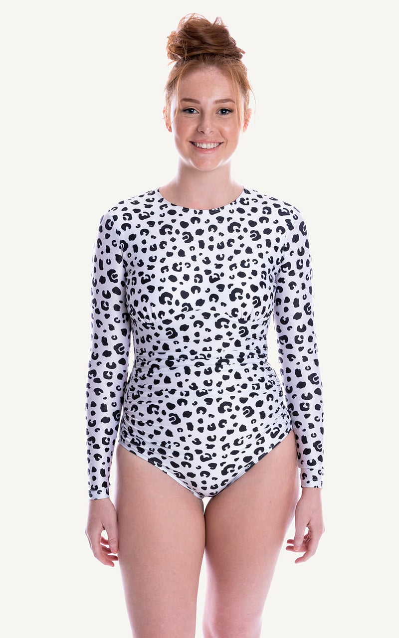 Long Sleeve One piece Leopard Ruch Sun Protection Bra Bust Support Cup Sizes Tummy Moulded Zip Swim Swimsuit Swimwear Swimming Beachwear Women