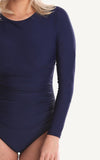 Long Sleeve One piece Navy Ruch Sun Protection Bra Bust Support Cup Sizes Tummy Moulded Zip Swim Swimsuit Swimwear Swimming Beachwear Women