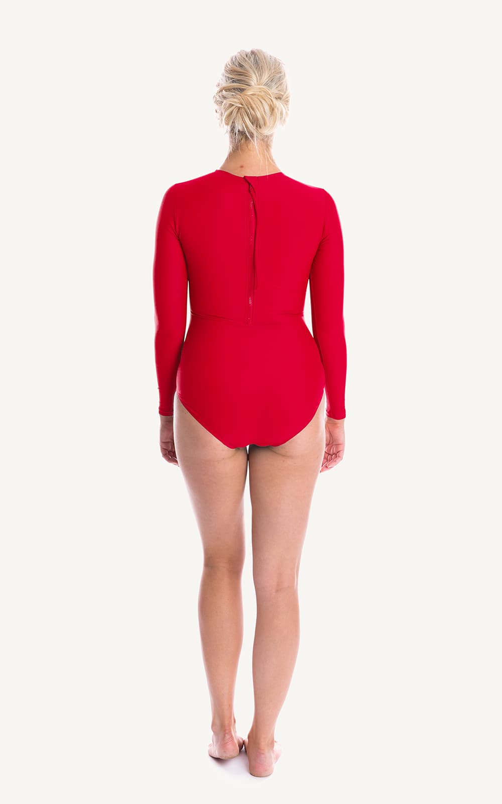 Long Sleeve One piece Red Ruch Sun Protection Bra Bust Support Cup Sizes Tummy Moulded Zip Swim Swimsuit Swimwear Swimming Beachwear Women
